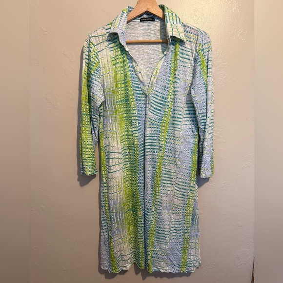 David Cline Crushed 3/4 Sleeve Lime Polo Dress Lightweight Flowy Boho Colorful L - Picture 4 of 13